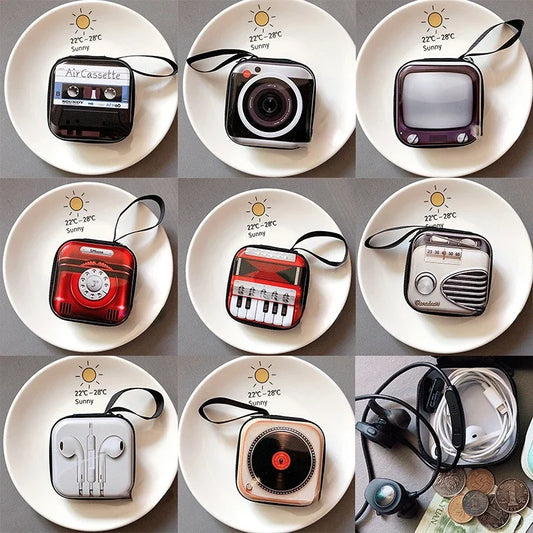 Creative Tinplate Wallet Retro Record Tape Coin Purse Cute Girls Cartoon Key Coin Headset Mini Storage Bags